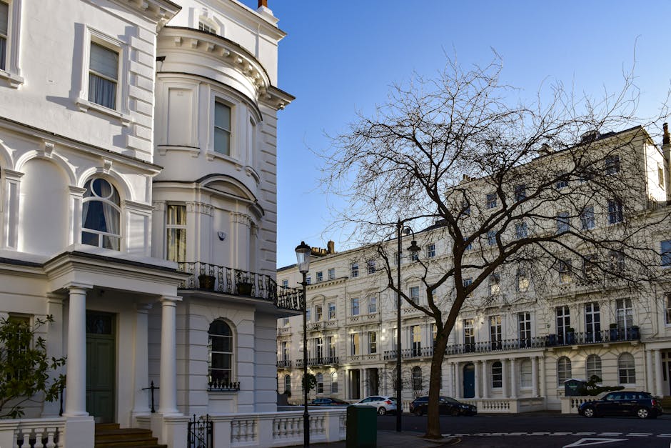 Photograph of a row of elegant white Victorian-style townhouses on North End Road in Fulham, featuring ornate architectural details, large windows, and small balconies with black wrought iron railings. The street is illuminated by traditional street lamps, and a leafless tree with bare branches stands prominently in front of the buildings. Several parked cars are visible along the curb, and the scene is bathed in natural daylight with a clear blue sky overhead, showcasing a clean and well-maintained residential area. This image highlights the classic London architecture consistent with the SW6 postcode, reflecting the environment where professional cleaning services by Cleaners Fulham are often required for maintaining property hygiene and presentation.